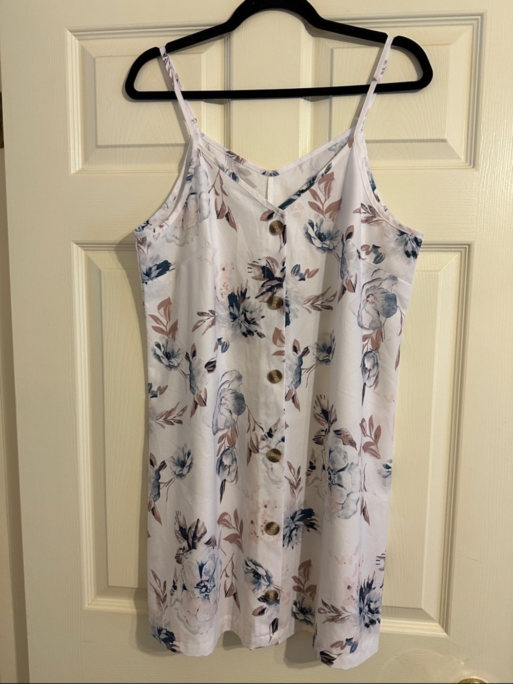 White Floral Spaghetti Strap Button Front Mini Dress
